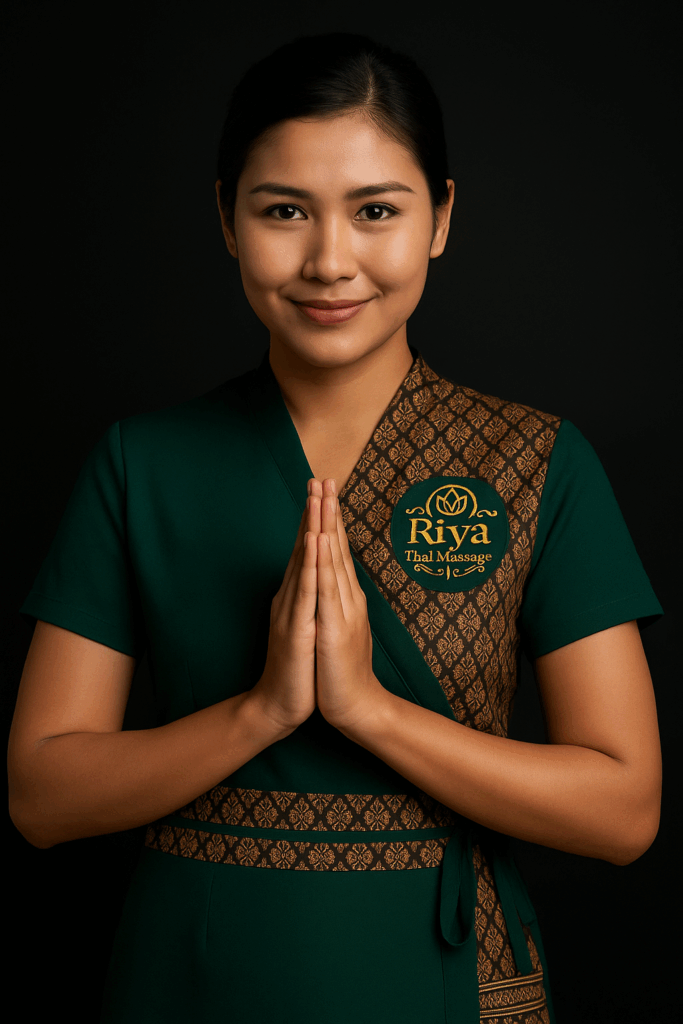 Native Thai therapist smiling Professional Thai massage therapist at Riya Thai Massage in Zurich Seebach, welcoming with traditional Thai greeting