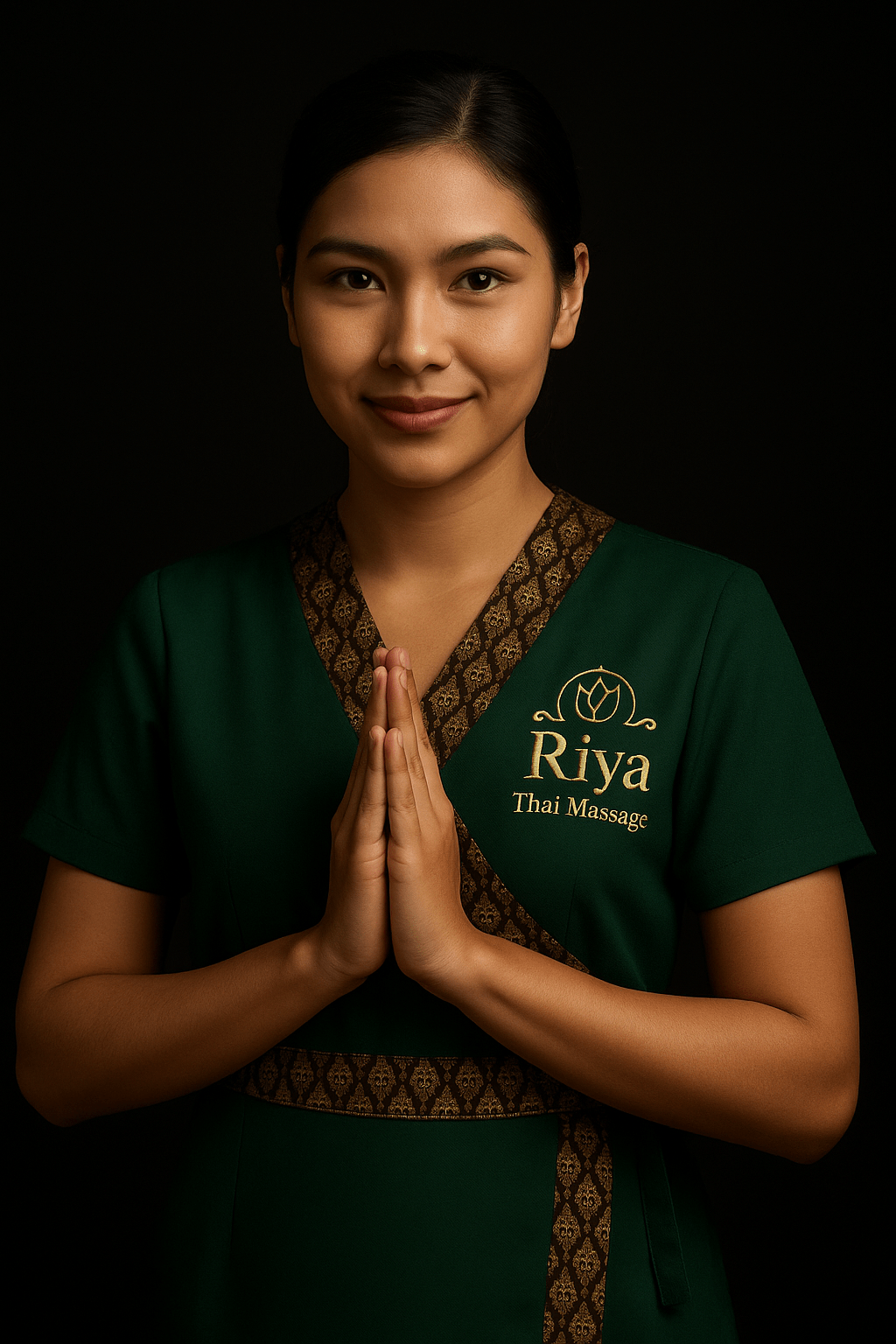 Thai therapist with traditional greeting Friendly Thai massage therapist in green uniform at Riya Thai Massage, Seebach Zurich